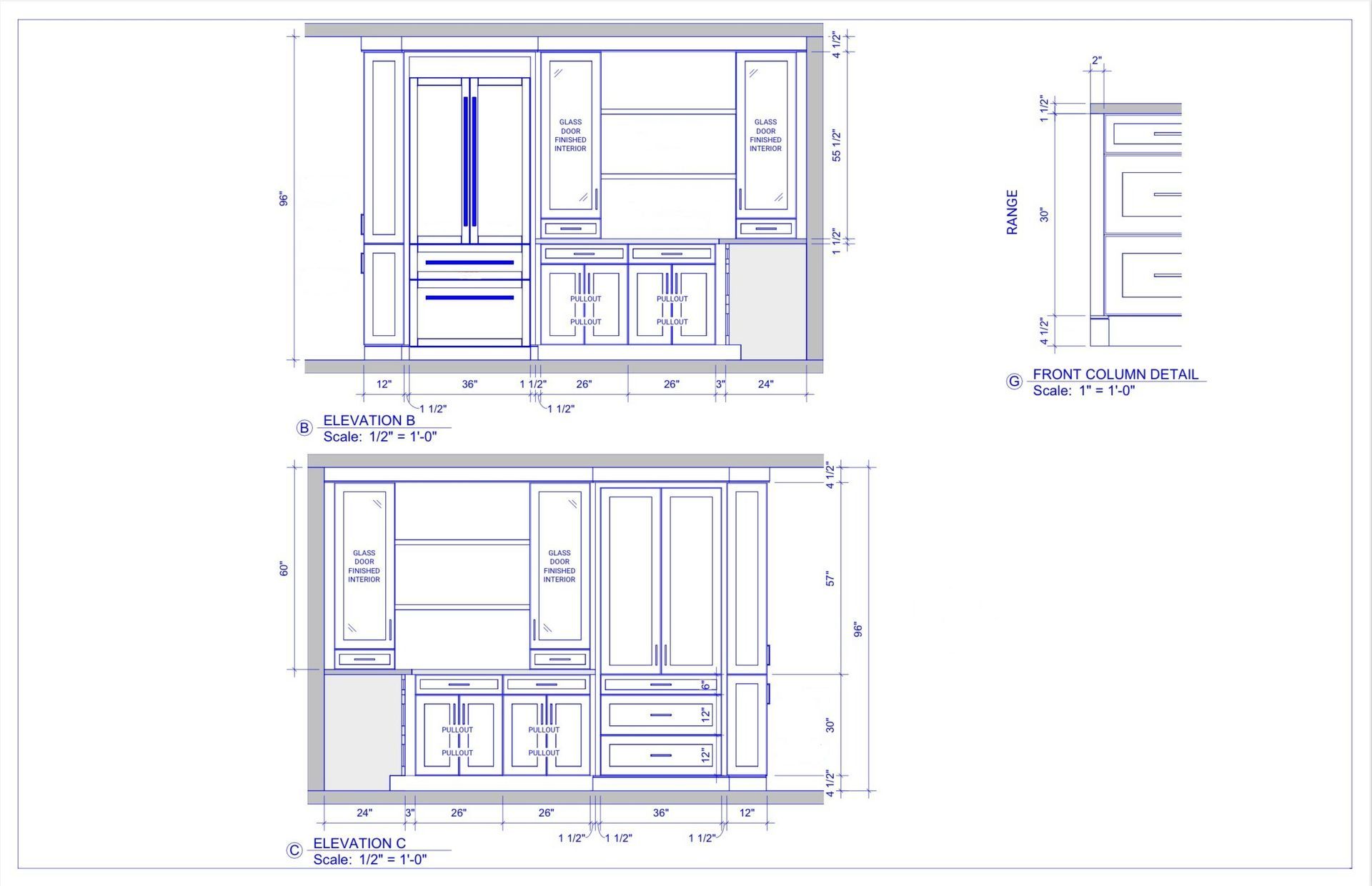 Blueprints showing kitchen cabinet designs with measurements and details.