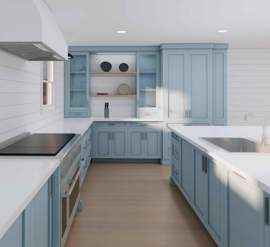 Blue kitchen with island, cabinets, stovetop, and white countertops. Light wood flooring.