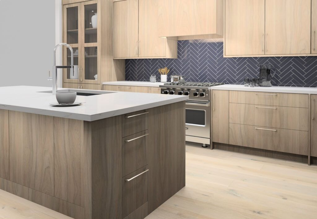 Modern kitchen with light wood cabinets, white countertops, and blue herringbone backsplash.