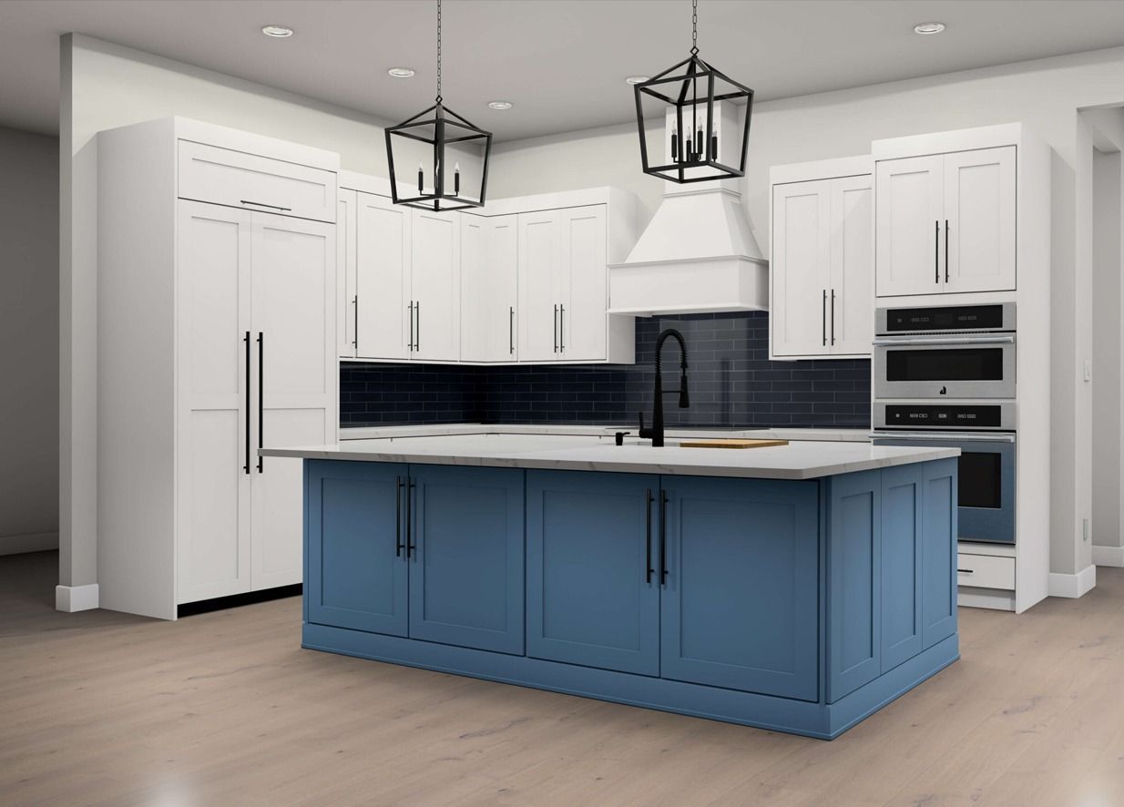 Modern kitchen with blue island and white cabinets, black accents, two hanging pendant lights.
