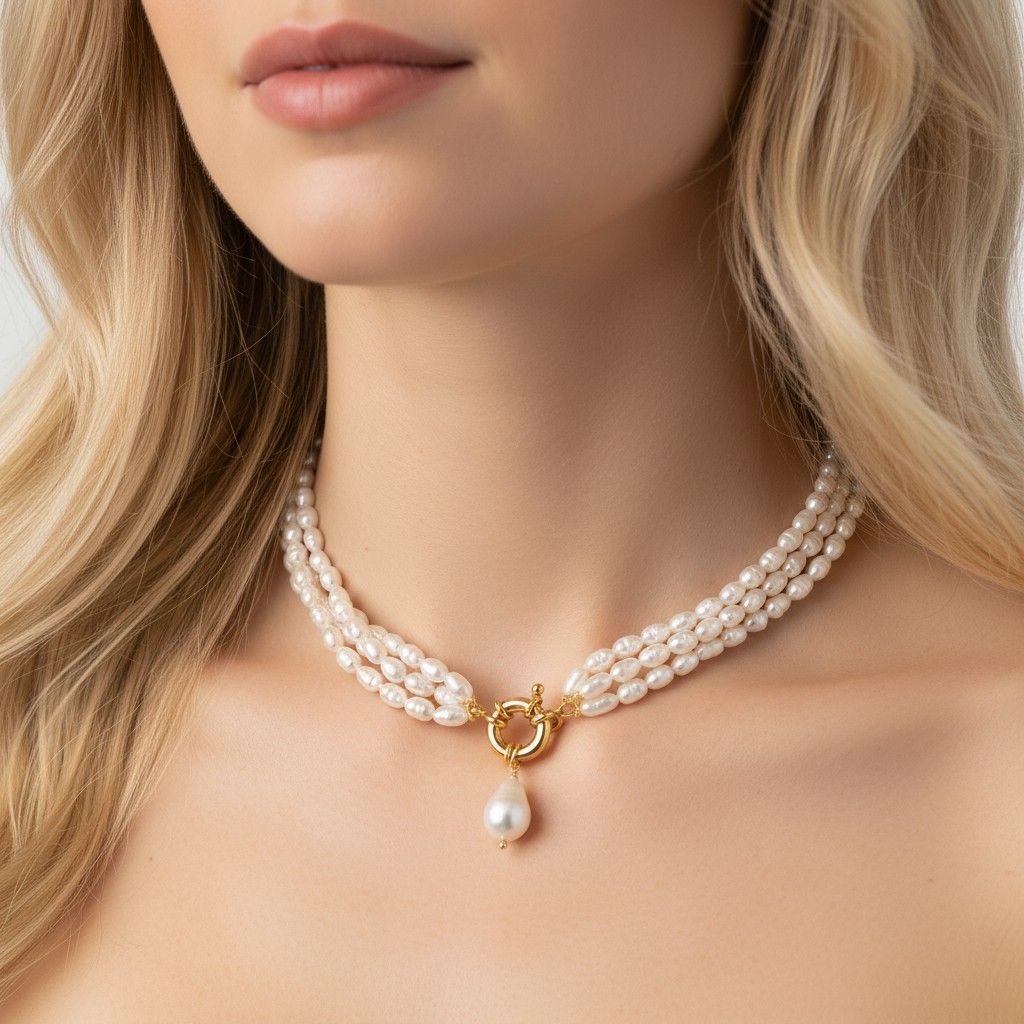 Torsade 3 rangs en Perles d'eau douce montée sur un fermoir bouée en plaqué Or et orné d'un pendentif ( poire en Perle d'eau douce baroque)