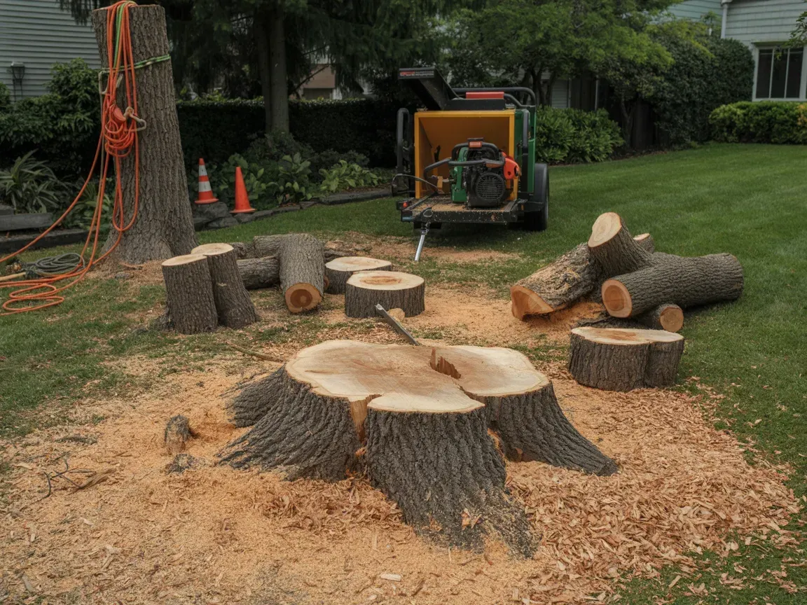 Tree stumps and logs on a lawn, surrounded by wood chips, with a wood chipper in the background.