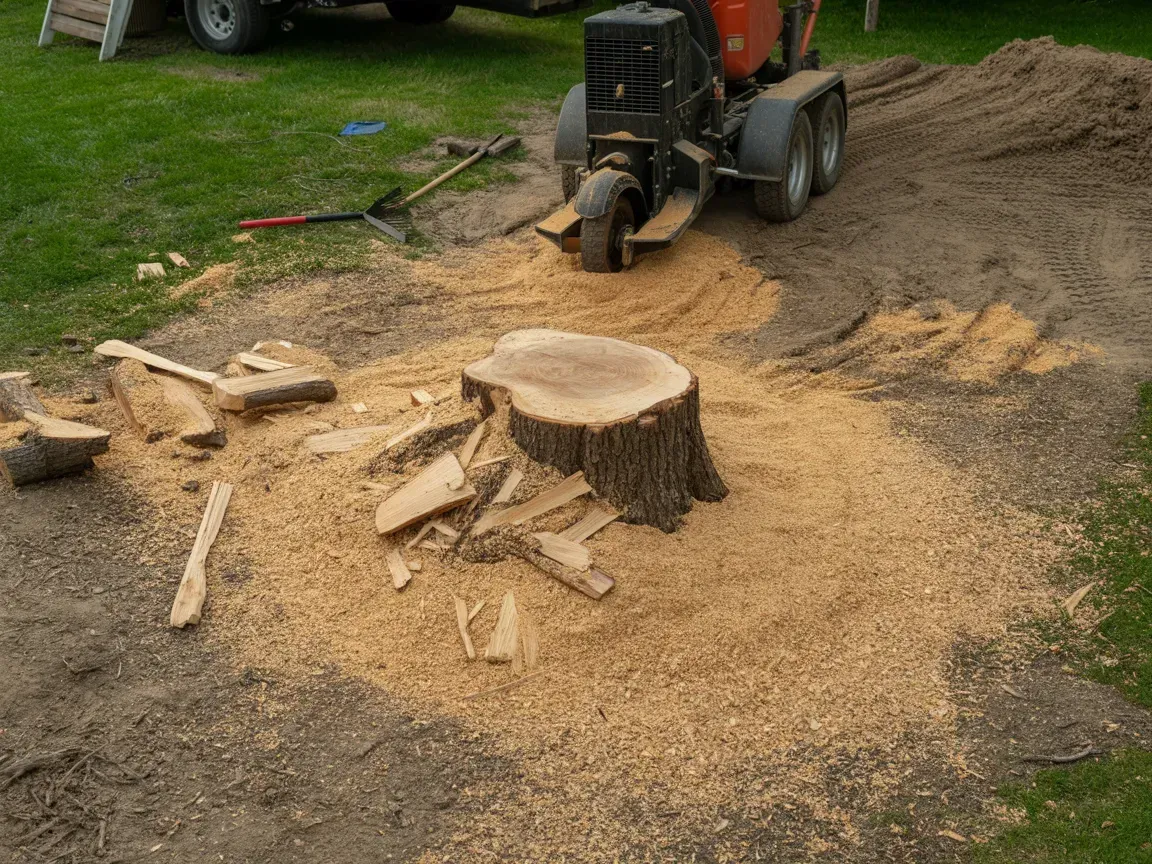 Stump grinder grinding a tree stump in a yard, surrounded by wood chips and debris.