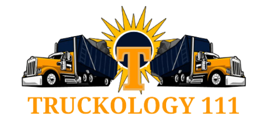 A logo for truckology 111 with two trucks and a sun