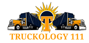 A logo for truckology 111 with two trucks and a sun