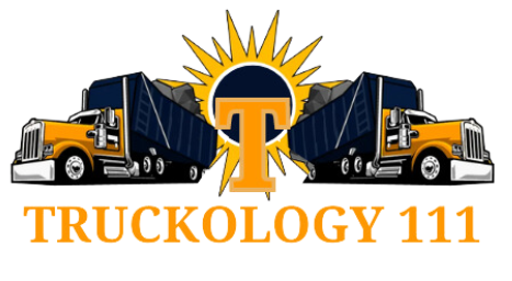 A logo for truckology 111 with two trucks and a sun