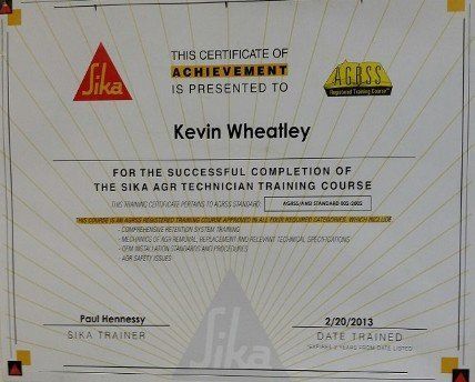 Certificate of Achievement for the Successful Completion of the SIKA AGR Technician Training Course by AGRSS