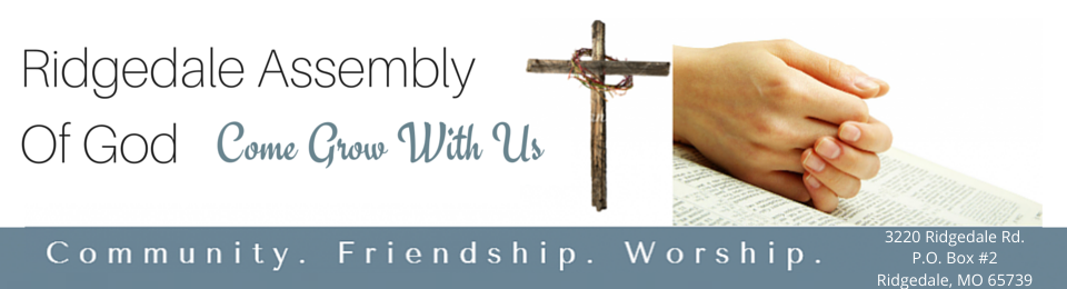 Ridgedale Assembly of God banner with cross, praying hands, and the words “Come As You Are” and “Community. Friendship. Worship.”