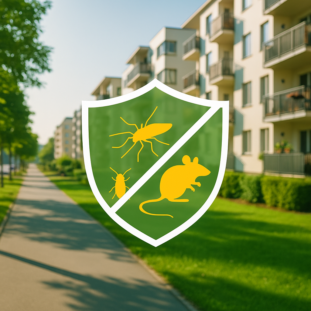 Uno scudo verde con un topo e uno scarafaggio sopra di fronte a un edificio.