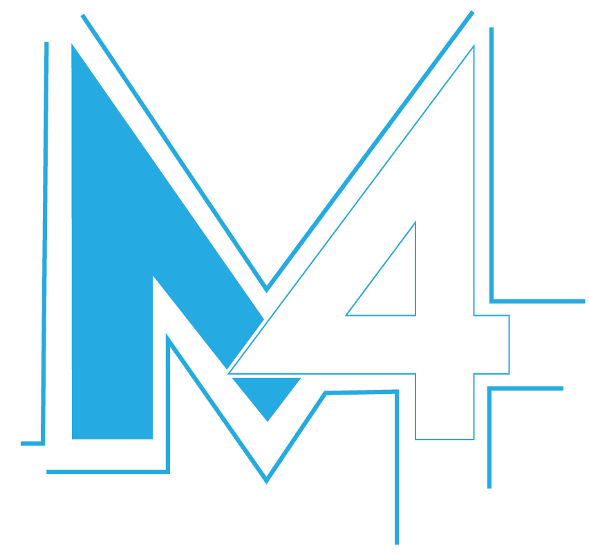 A blue and white letter m on a white background