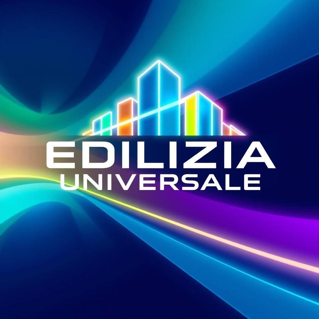 Logo per Edilizia Universale, raffigurante un paesaggio urbano stilizzato in colori neon su uno sfondo blu vorticoso.