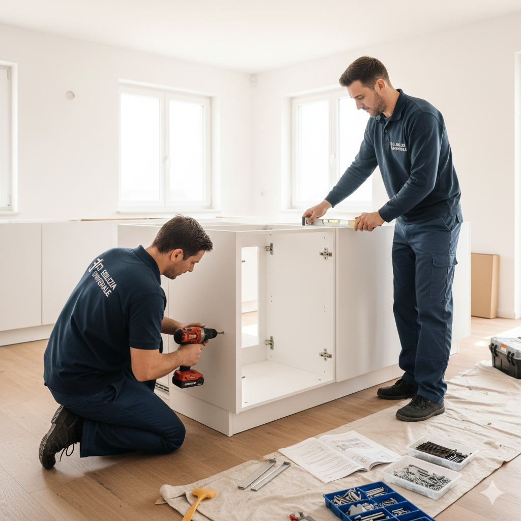 Due persone montano mobili bianchi in una stanza luminosa con finestre. Una usa un trapano, l'altra lavora con una livella.