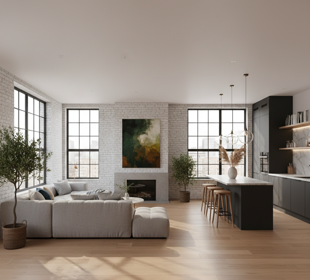 Moderno soggiorno open space con cucina, camino, divano componibile, ampie finestre e pavimento in legno chiaro.