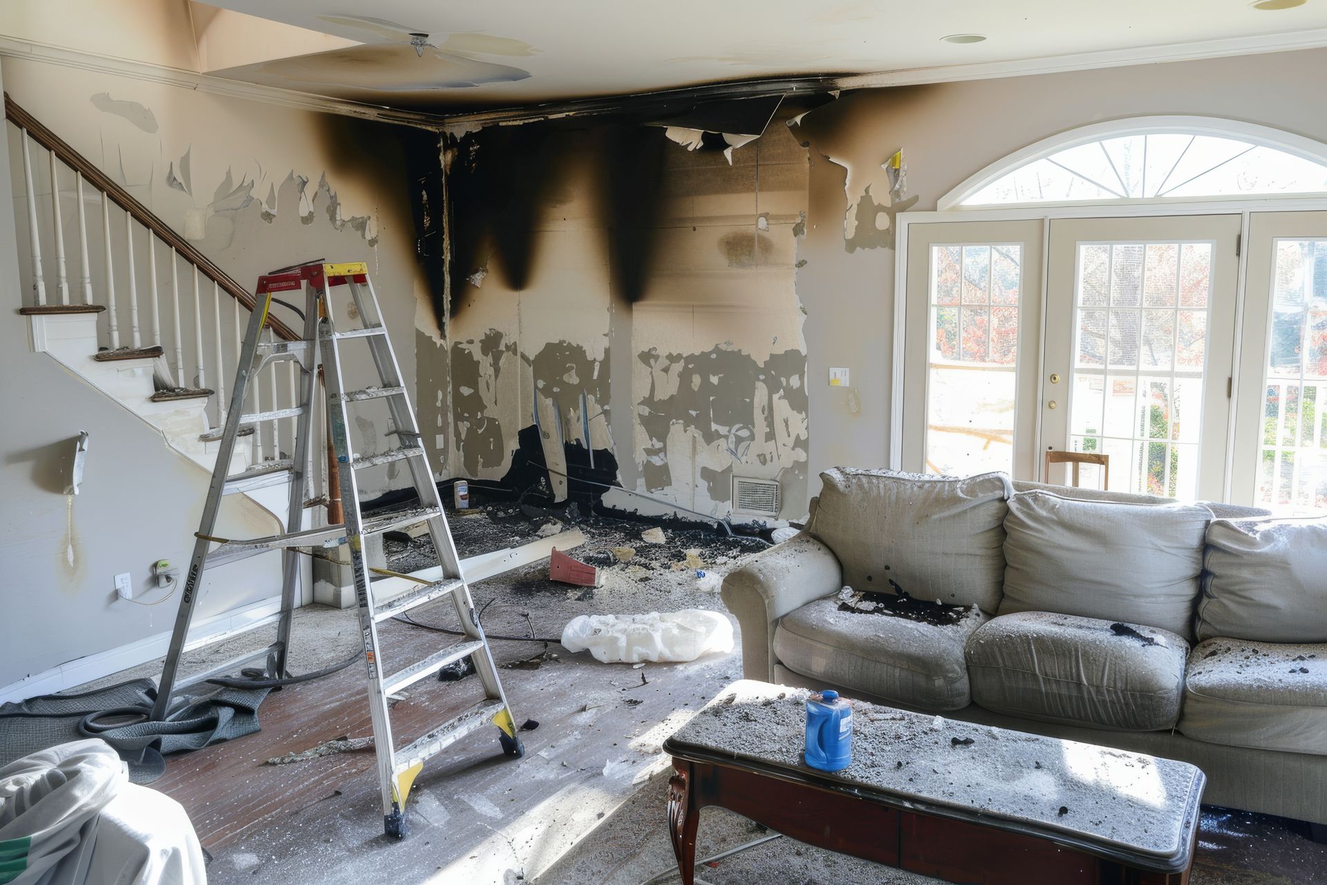 Fire damage restoration service cleaning burned living room with soot walls and ladder inside home. Fire damage restoration service cleaning burned living room with soot walls and ladder inside home.