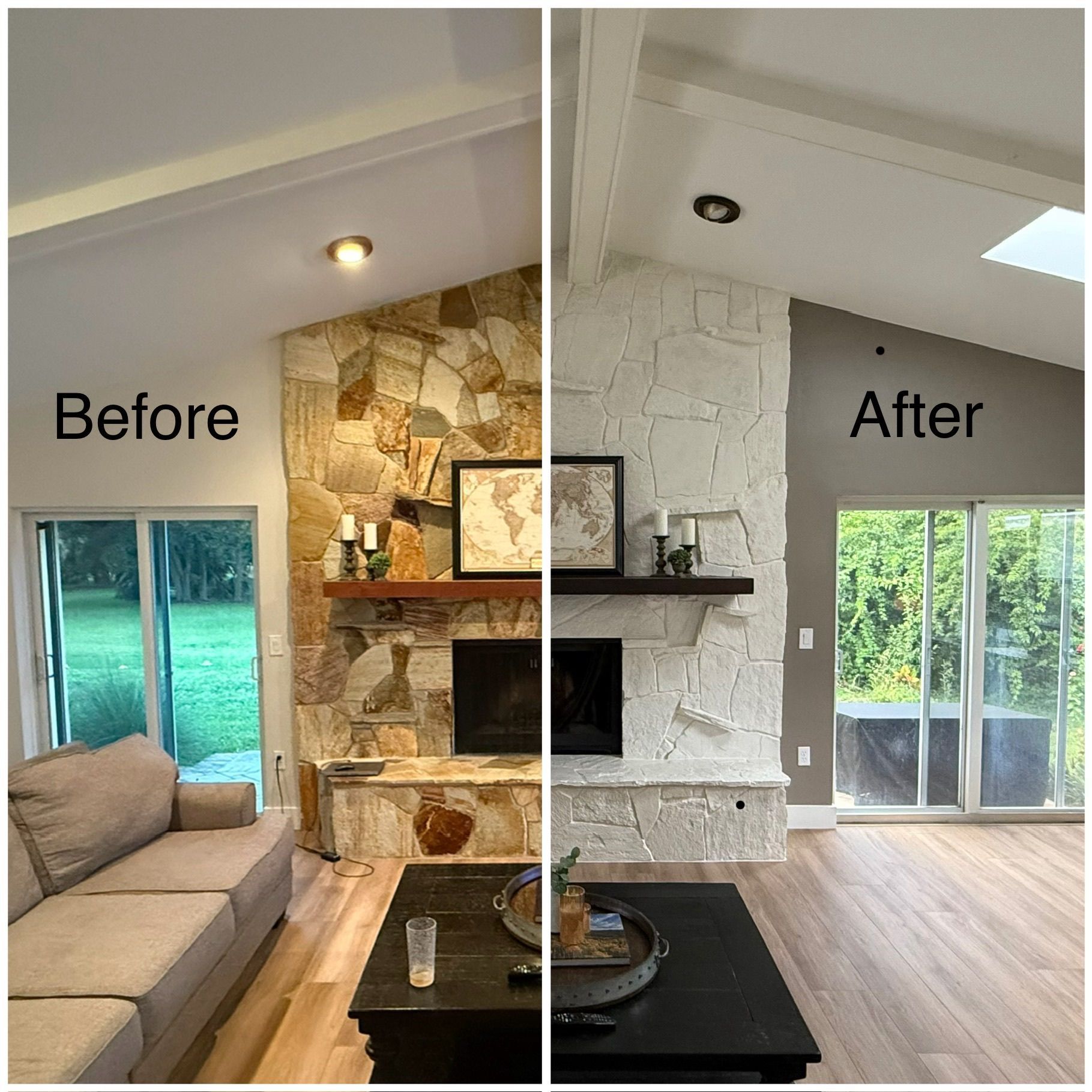 Kitchen with cabinets covered in brown paper for painting, with a ladder and supplies on the island.