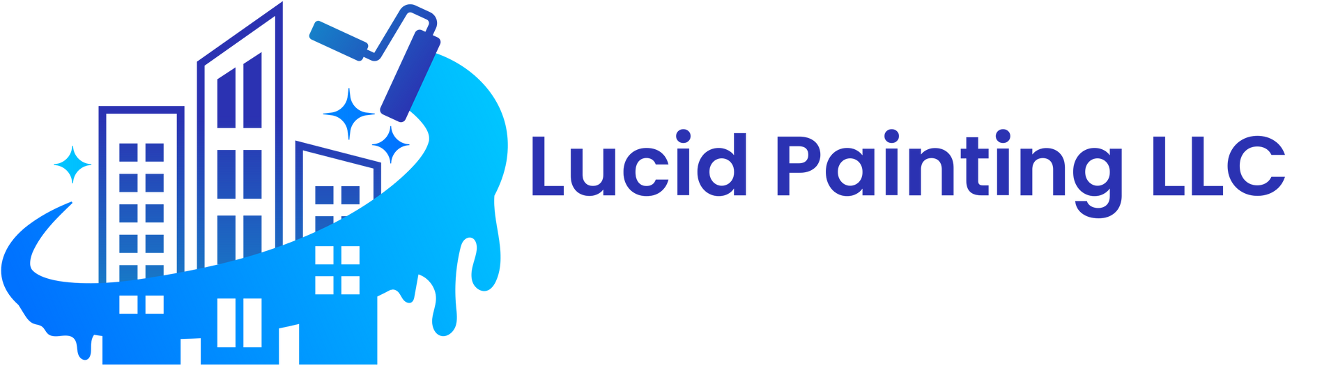 Lucid Painting logo: buildings being painted blue by a paint roller inside a white circle.