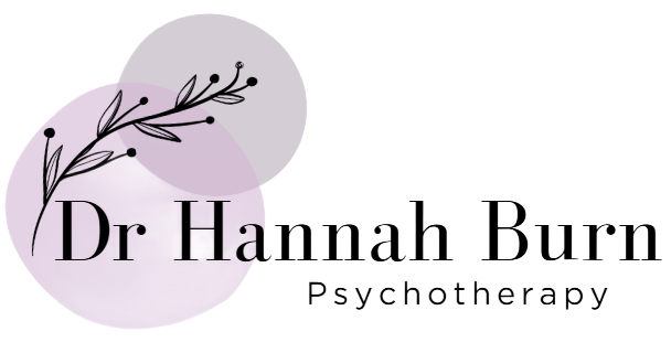 Logo for Dr. Hannah Burn Psychotherapy featuring a floral illustration and two purple watercolor circles.