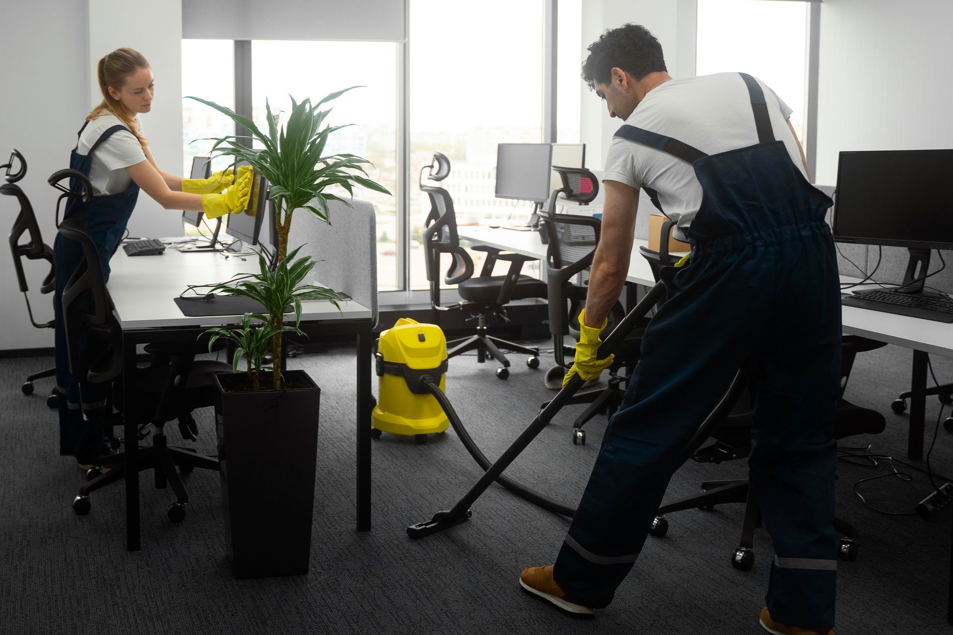 A person wearing black gloves is cleaning a tile floor with a brush.