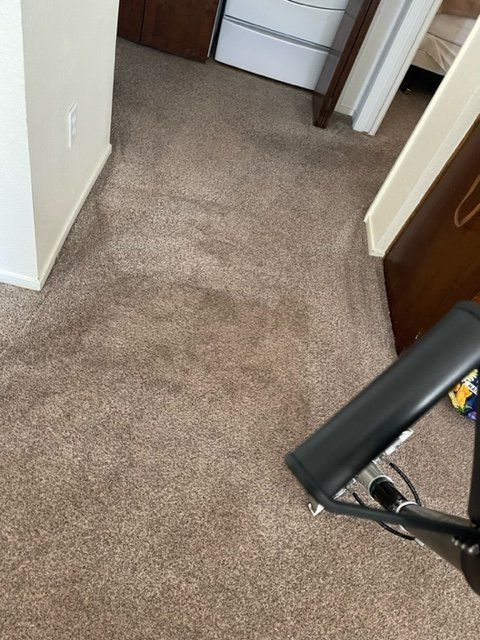 A vacuum cleaner is cleaning a carpet in a living room.