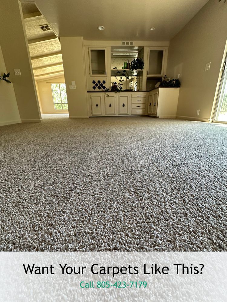 A living room with a carpeted floor and a kitchen in the background.
