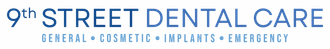 Logo for 9th Street Dental Care, featuring text in blue, listing dental services: General, Cosmetic, Implants, Emergency.