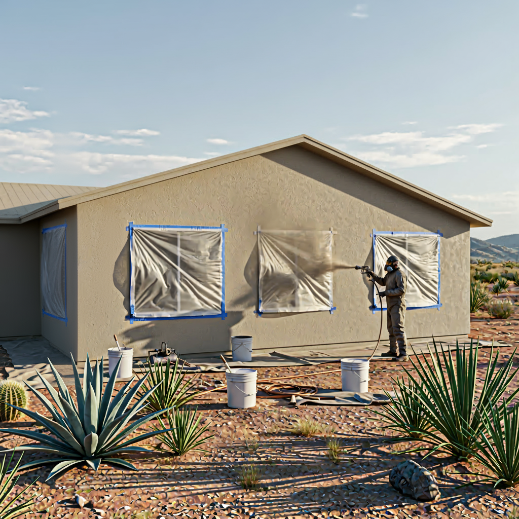 Residential home in Sierra Vista, AZ being spray painted on the exterior, with windows and doors covered for protection.