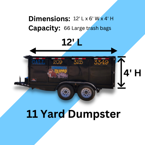 The dimensions of a 11 yard dumpster are shown