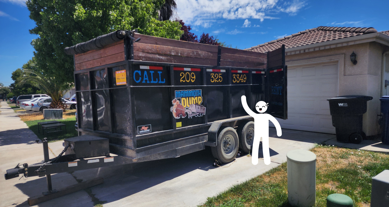 20-yard dumpster on a driveway in front of a house, accompanied by a joyful white stick figure