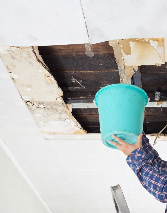 A person is holding a blue bucket over a hole in the ceiling.