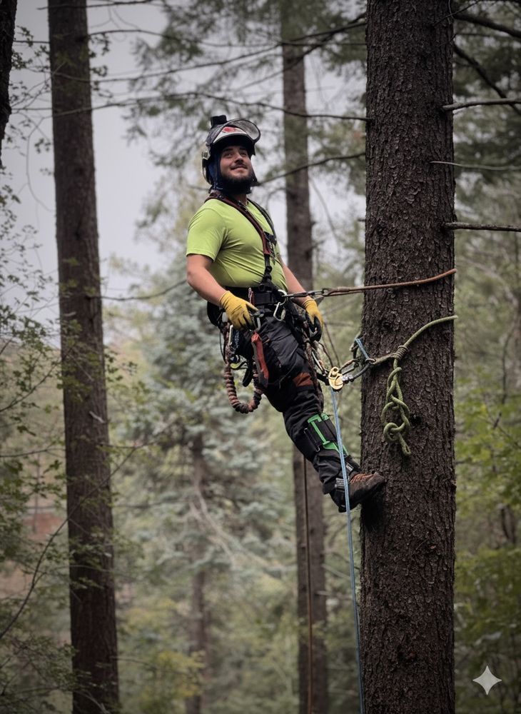 Arborist in a tree, wearing a helmet and safety harness. He's smiling, gripping tools, surrounded by a forest.