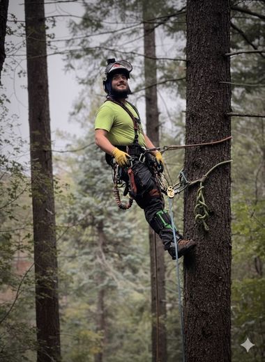 Arborist in a tree, wearing a helmet and safety harness. He's smiling, gripping tools, surrounded by a forest.