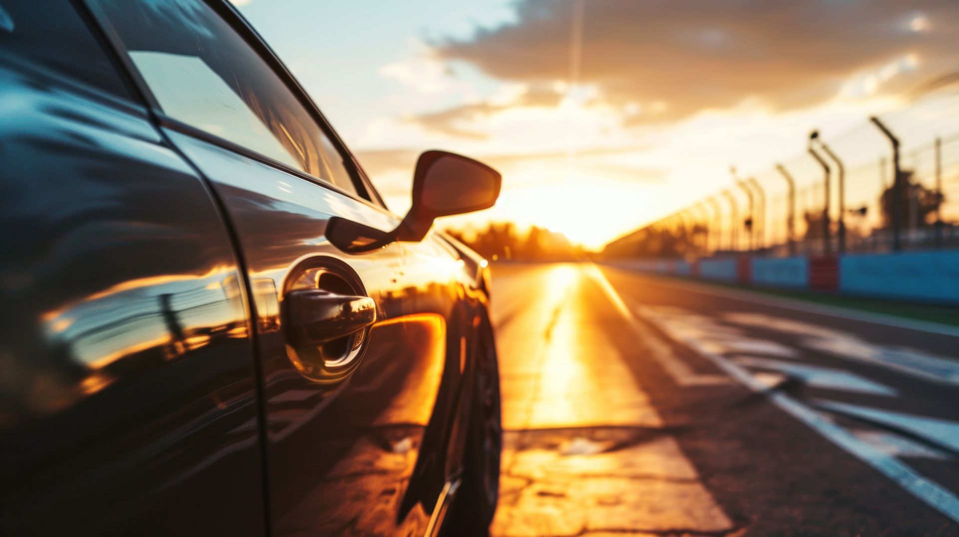 Vista laterale di un'auto sportiva scura parcheggiata su una pista da corsa durante un tramonto dai colori vivaci.