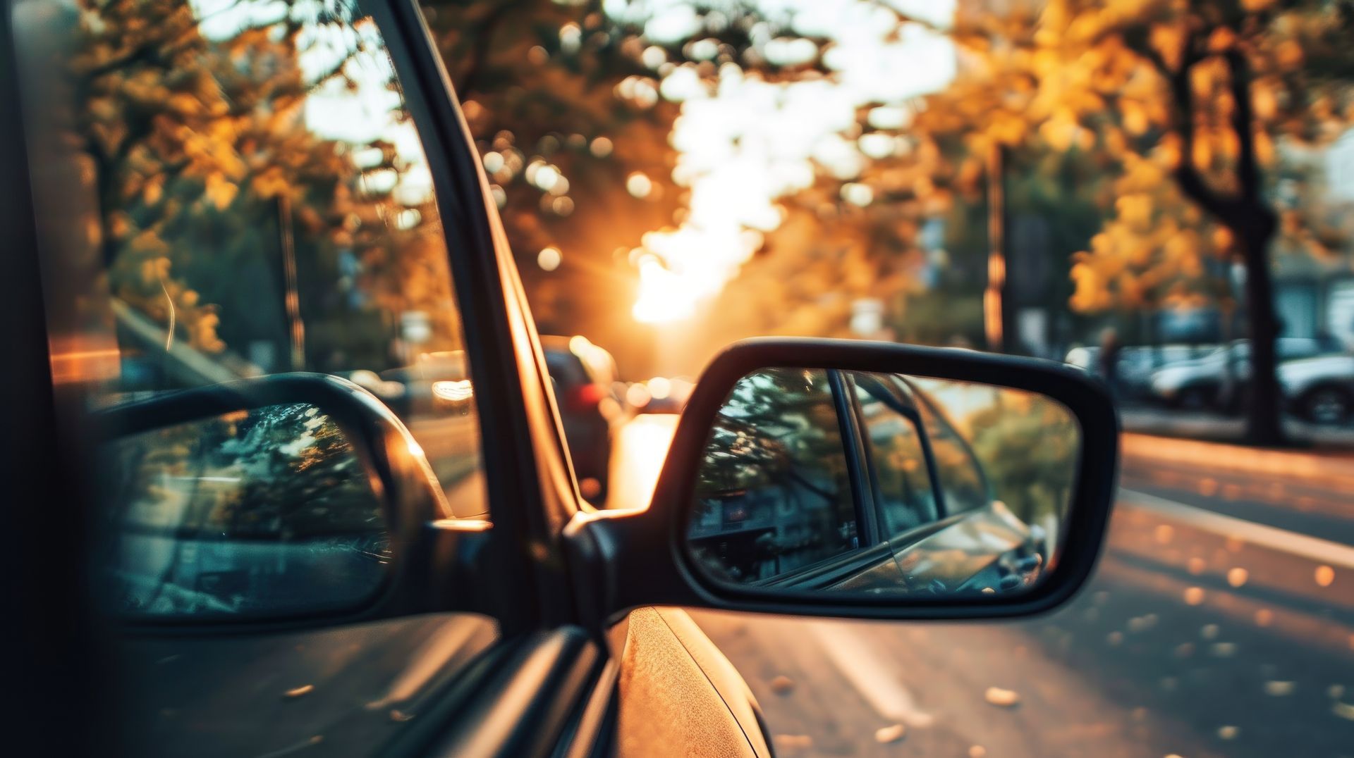 Vista dallo specchietto retrovisore di un'auto che percorre una strada alberata durante un tramonto luminoso e dorato.