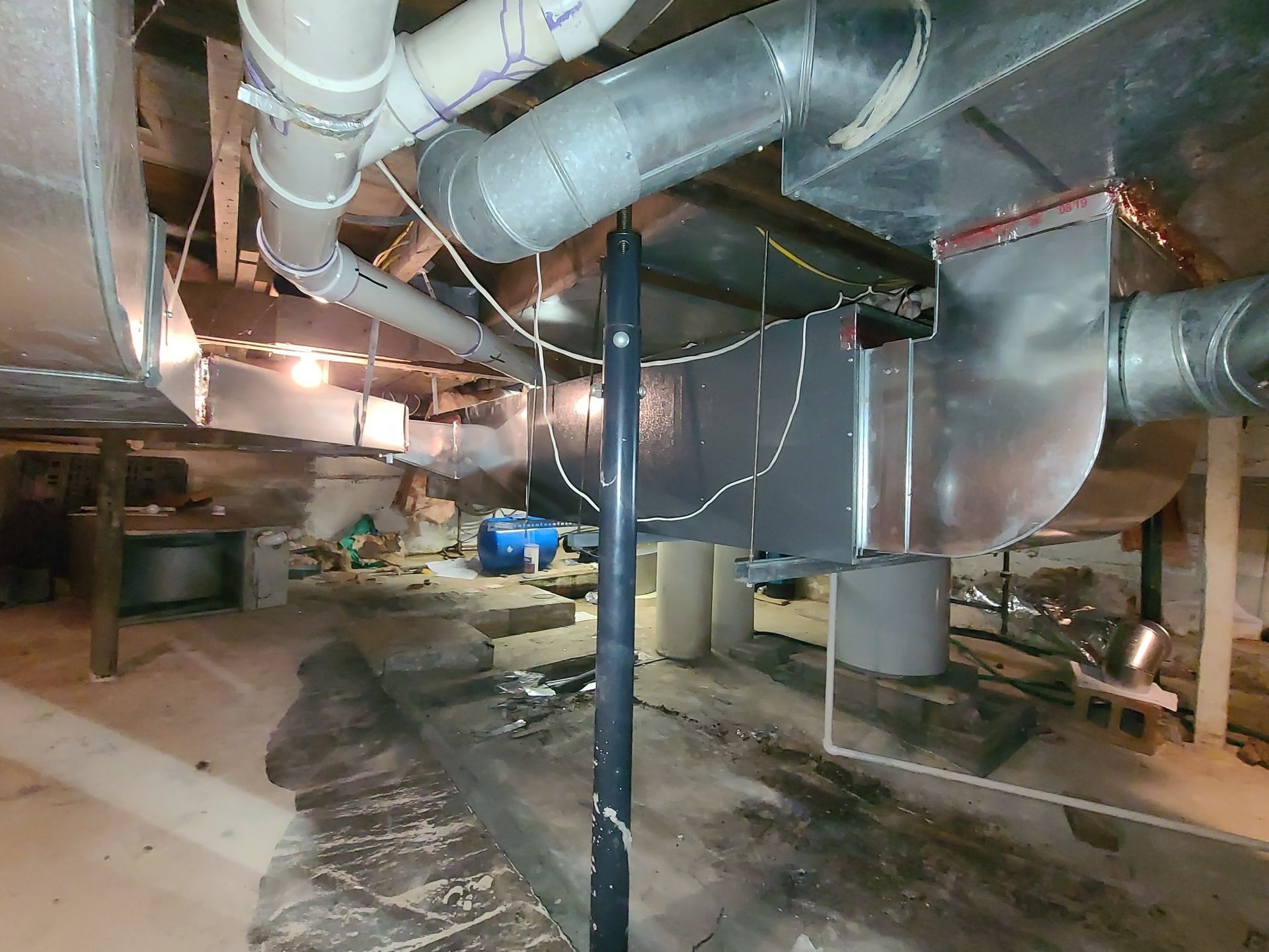 A basement with a lot of pipes hanging from the ceiling.