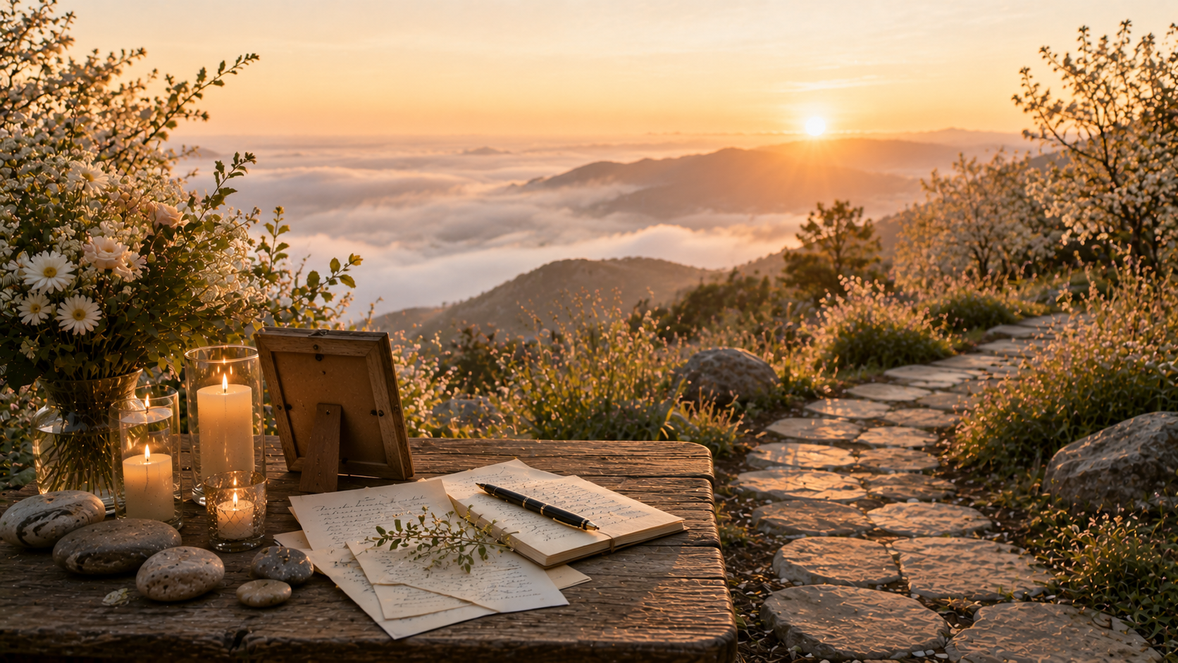 Mountain overlook with memorial candles and remembrance journal for cremation services in Lewiston, 