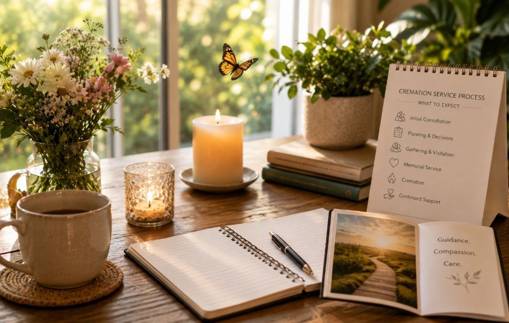 cremation services Lewiston, ME planning scene with flowers, candles, a notebook, calming décor