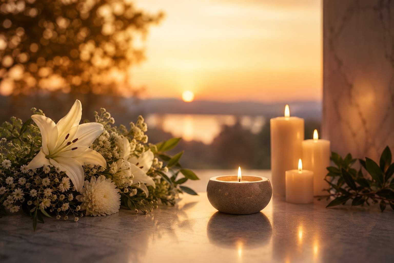 Peaceful memorial candles and flowers symbolizing compassionate cremation services in Brunswick, ME