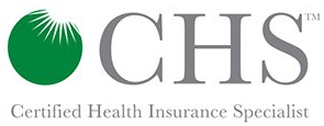 Logo for Certified Health Insurance Specialist: green circle with sunburst, gray 