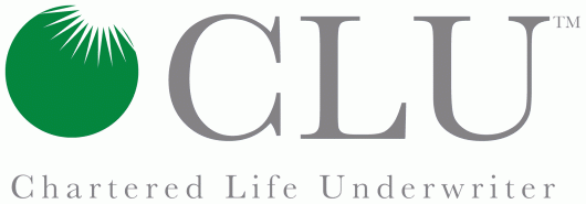 Logo for Chartered Life Underwriter, with green circle graphic and gray text.