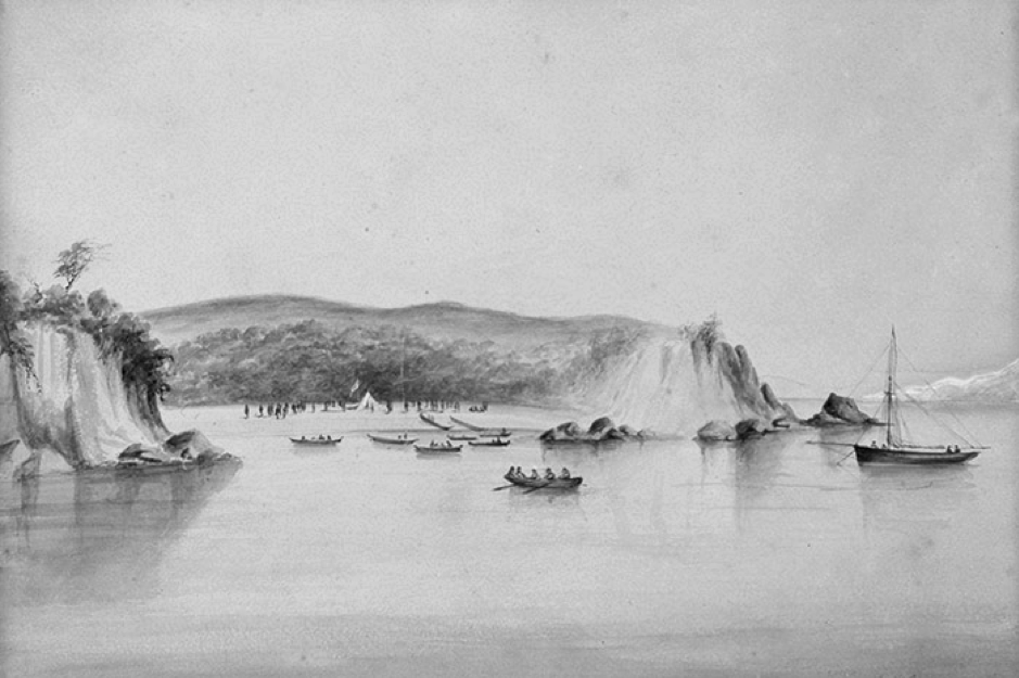 Signing of the Treaty of Waitangi by Māori chiefs at the entrance to Tāmaki River. June, 1840. Artist W. Jordan