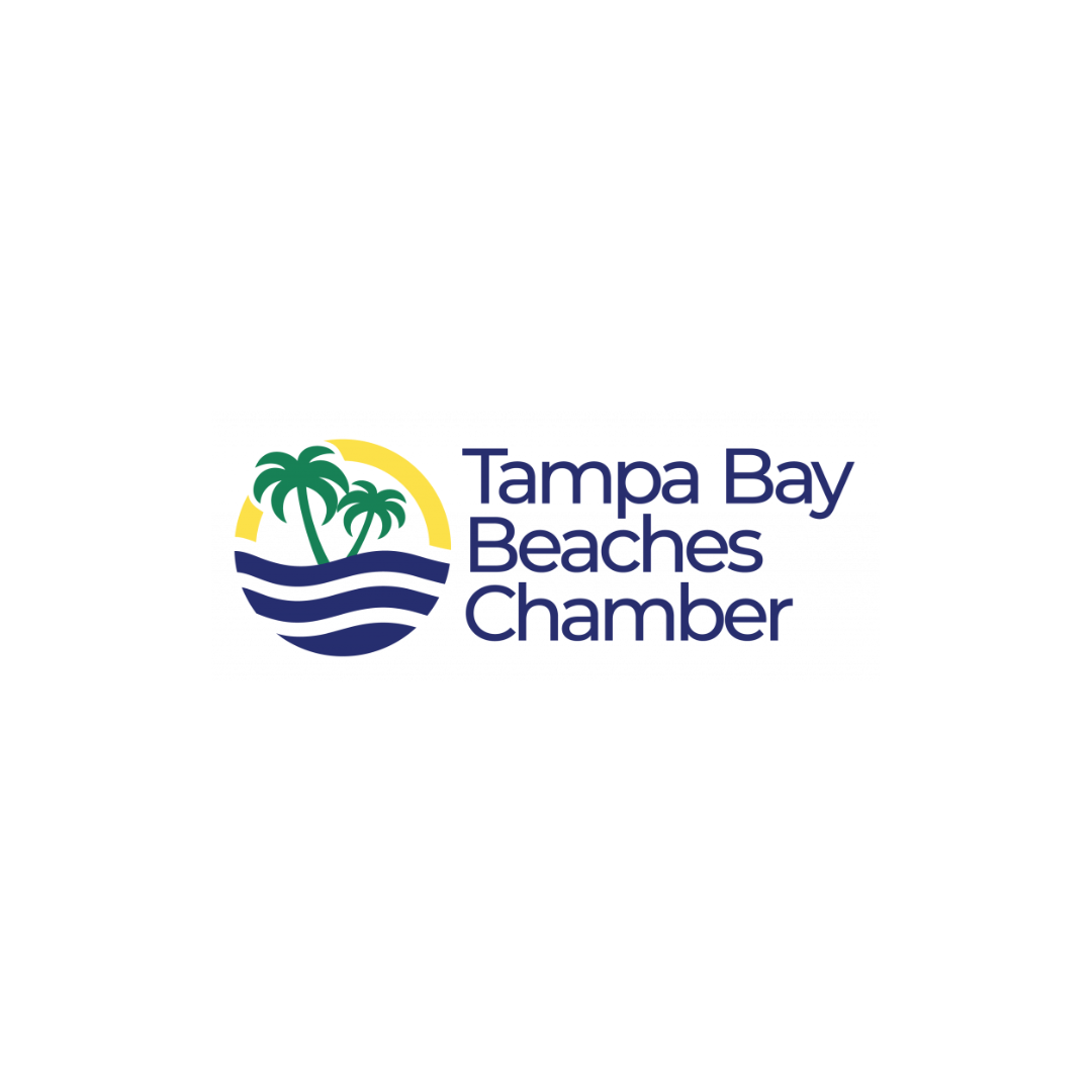 The logo for the tampa bay beaches chamber shows a palm tree and waves.