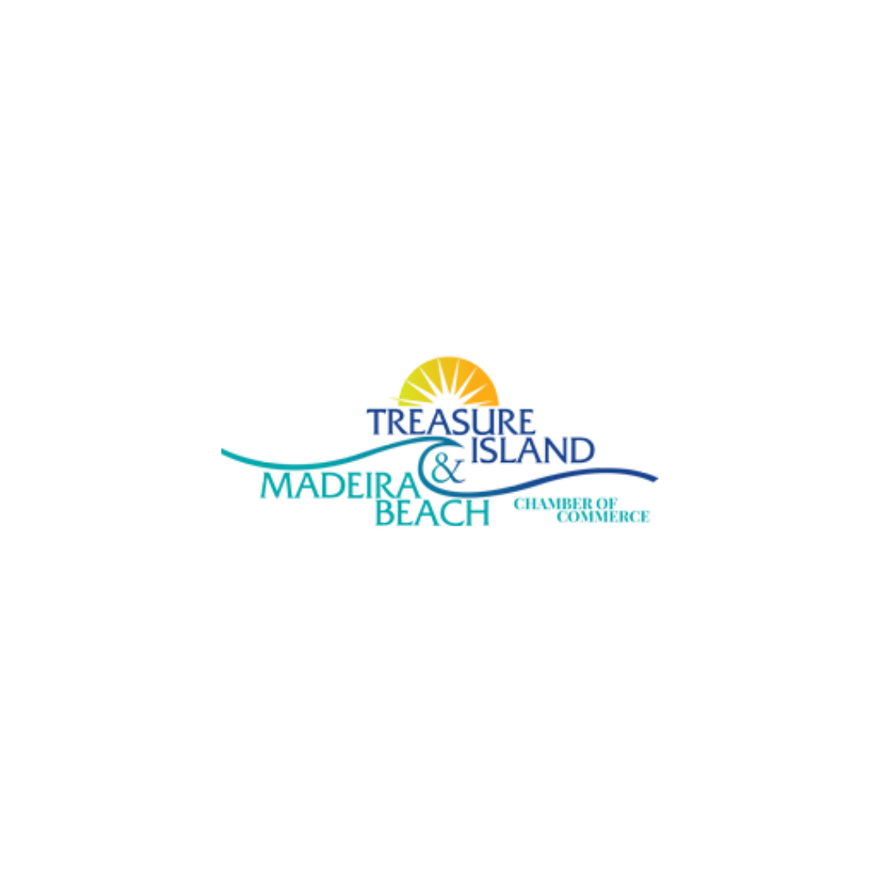 The logo for treasure island madeira beach shows a sun and waves.