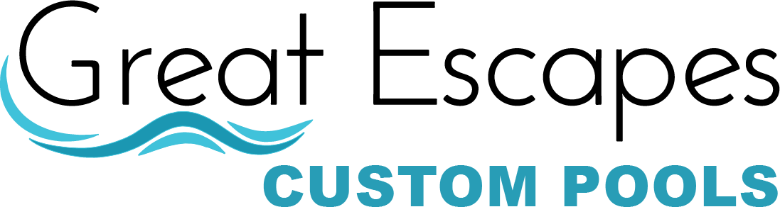 The logo for great escapes custom pools shows a wave and the words `` great escapes custom pools ''.