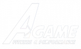 A white logo for a game fitness and performance on a white background.