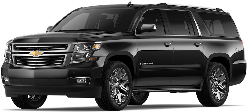 A black chevrolet suburban suv is parked on a white background.