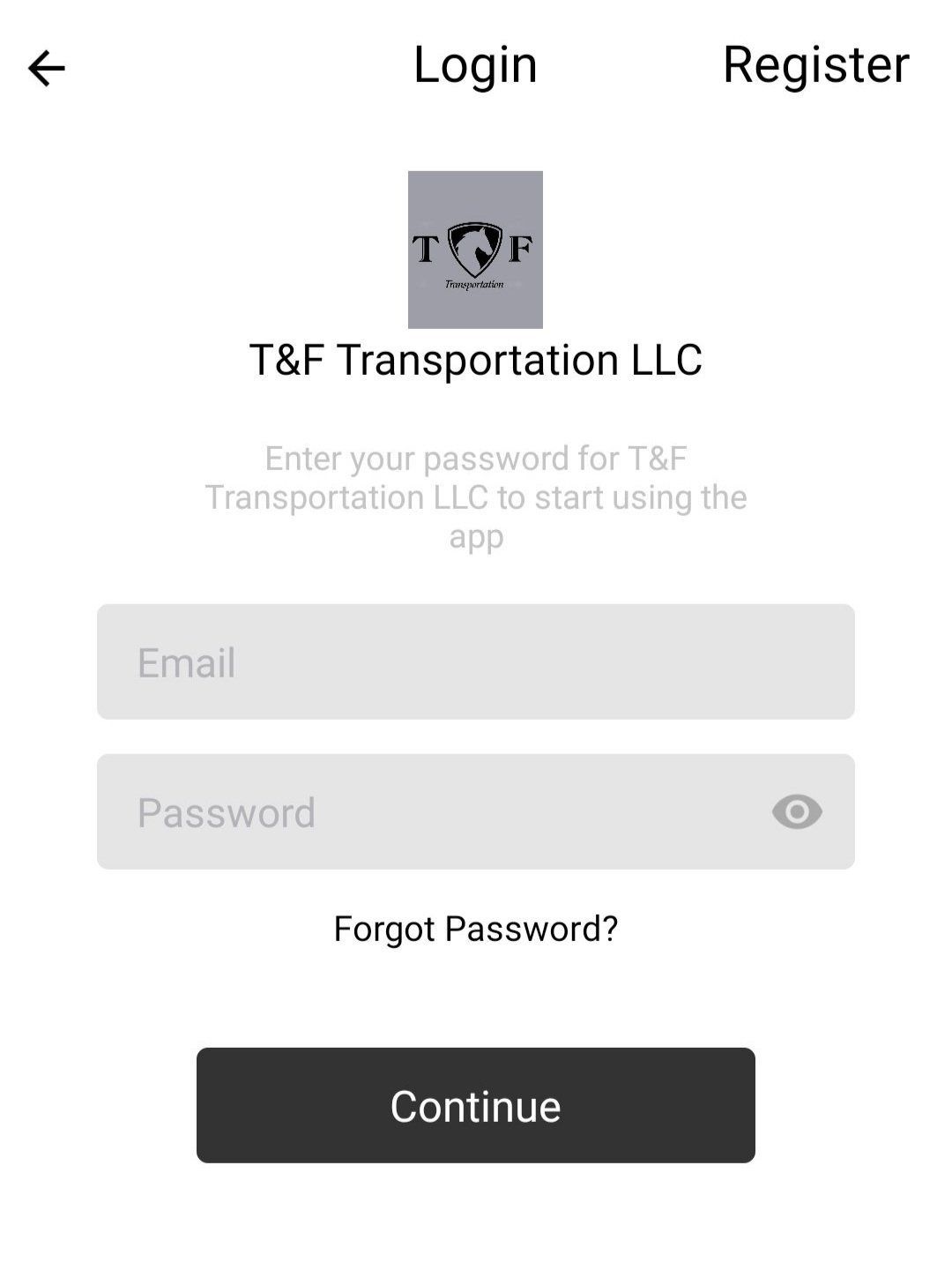 A screenshot of a login page for t & f transportation llc.