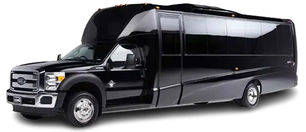 A black shuttle bus is parked on a white background.