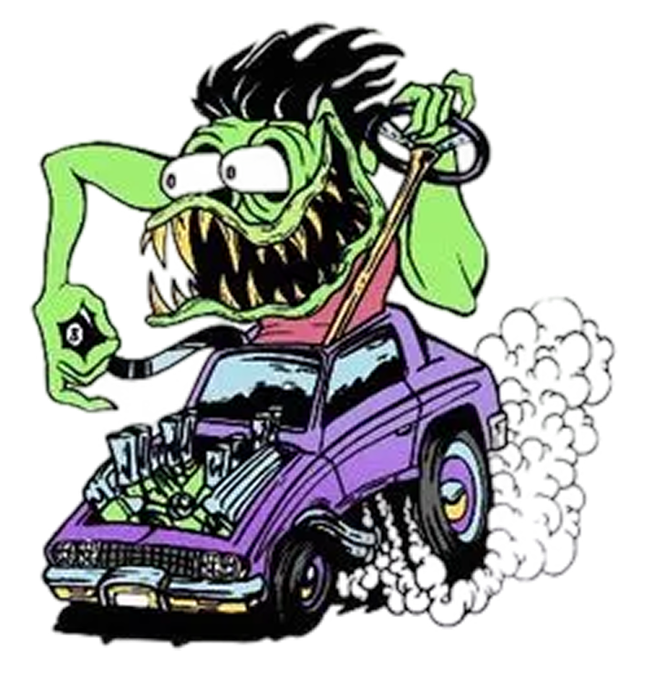 Green monster driving a purple car, mouth open, black hair, smoke, and exposed engine. | Big n' Littles Auto Body