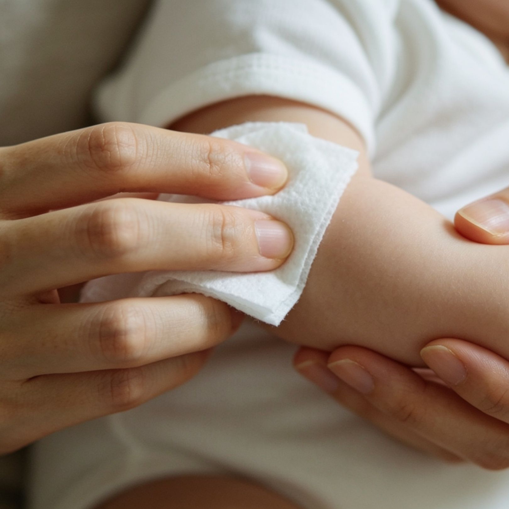 Hand cleaning a child's arm with a white wipe on a beige background