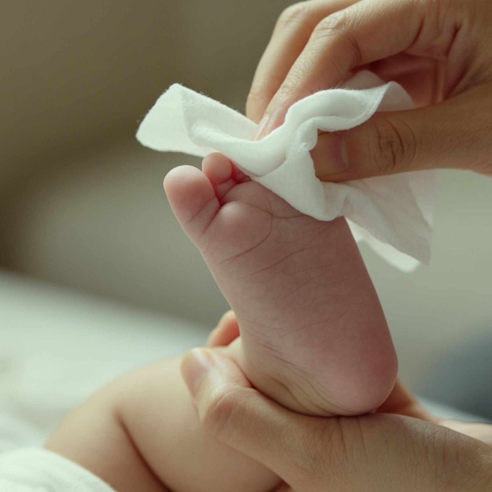 Adult gently cleaning a baby’s toes with a white tissue